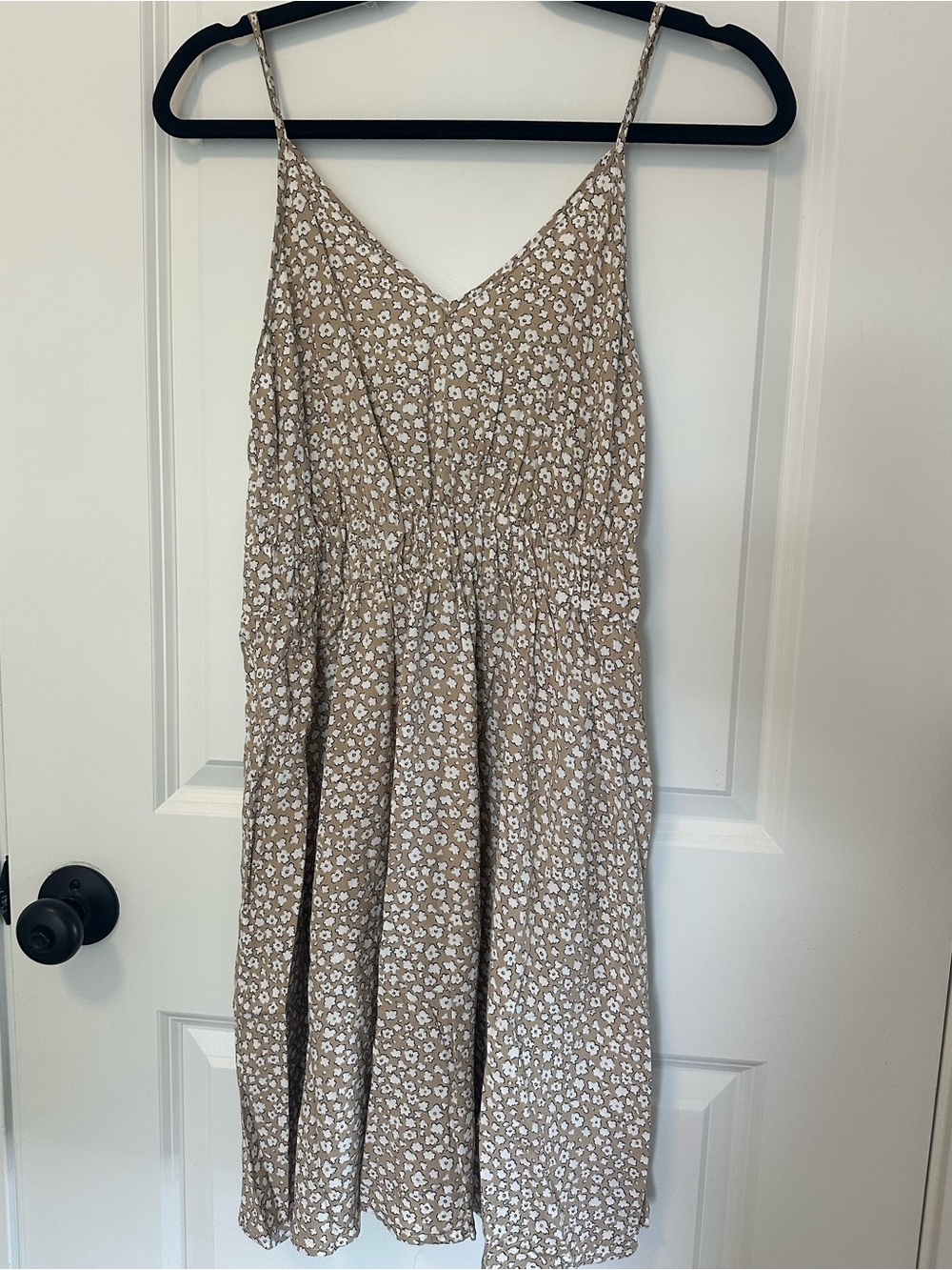 Beige Floral Spaghetti-Strap Dress